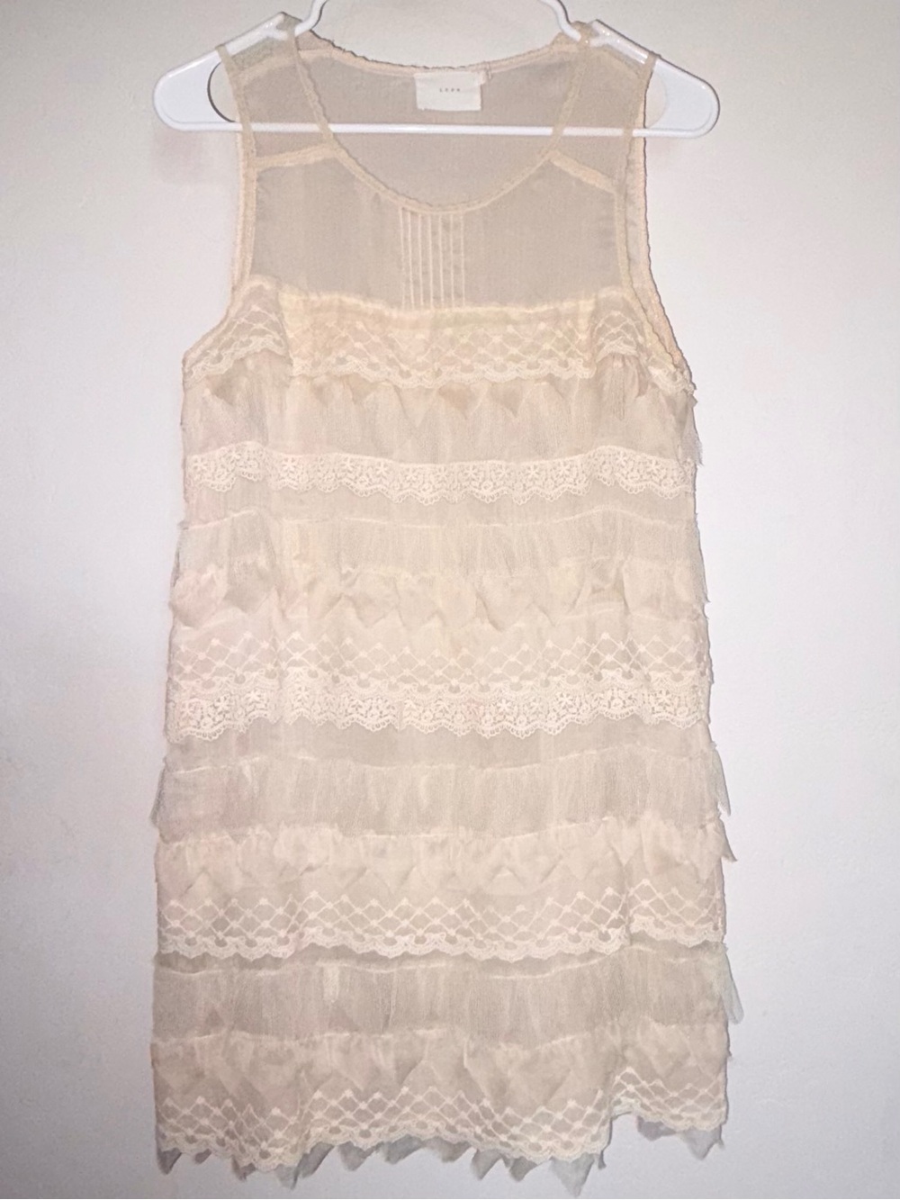 Lush Antique Ivory Tiered Lace Ruffle Dress Size L Coquette